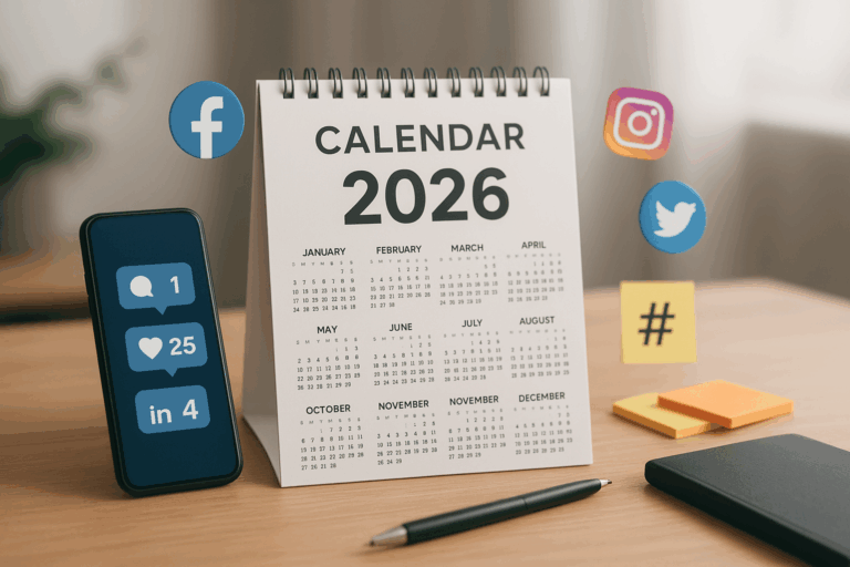 Calendrier 2026 pour représenter les dates clés de l'année et le marronnier de l'agence de communication Laiko pour communiquer sur les réseaux sociaux.